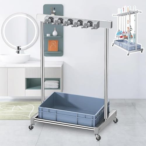 Auybuig 掃除用具収納ラック モップほうきスタンド キャスター付き 多機能フック 耐腐食ステンレス 家庭用業務用 静音移動 高さ調整可能 浴室キッチン対応 大容量16点収納 消毒ラック付属 工具不要組立(灰色の単列5段12フック)